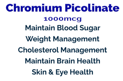 Chromium Picolinate supplement, 1000mcg per tablet, supporting blood sugar management, weight control, cholesterol health, and brain, skin, and eye health.