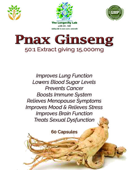 DR MB's Pnax Ginseng 50:1 Extract, giving 15,000mg per capsule