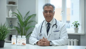 DR MB at his desk doing a consultation