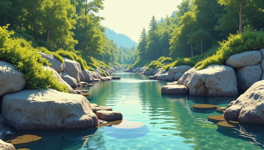 A serene river flowing through lush greenery and rocks, symbolizing natural healing and tranquility, featured as the hero image on the homepage