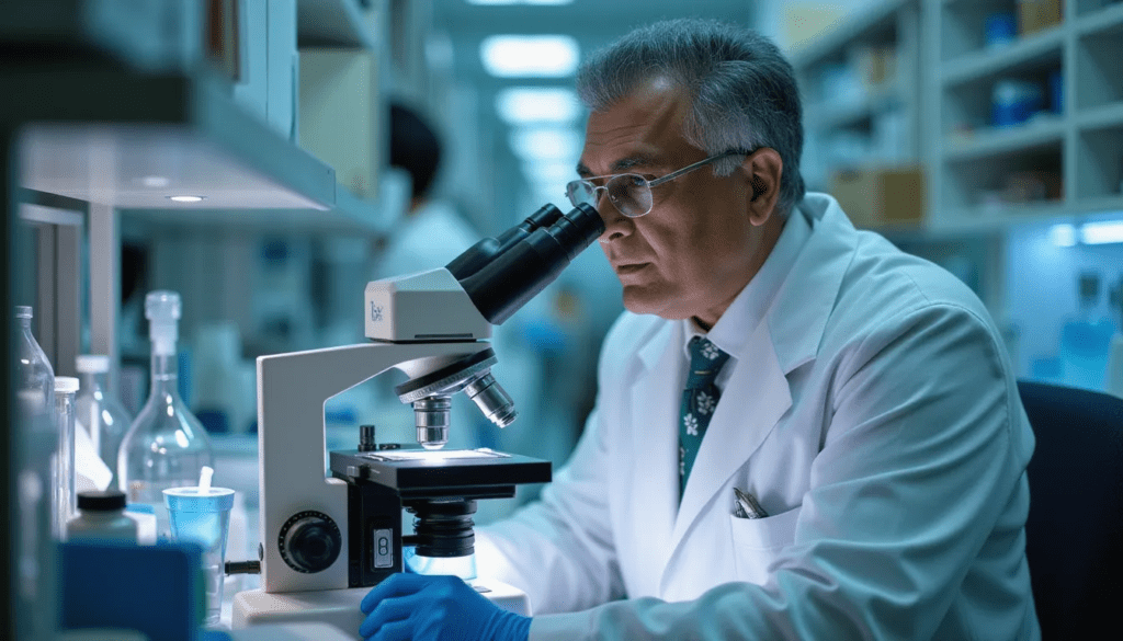 Dr. MB examining samples through a microscope in the laboratory