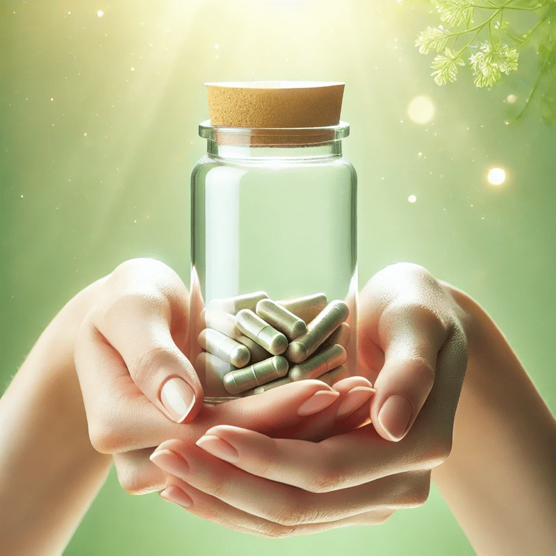 Hand holding a pill bottle with natural supplements, placed against a soft, light green background, symbolizing health and wellness.