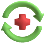 Green circular arrows surrounding a red medical cross, symbolizing rapid recovery and restoration.