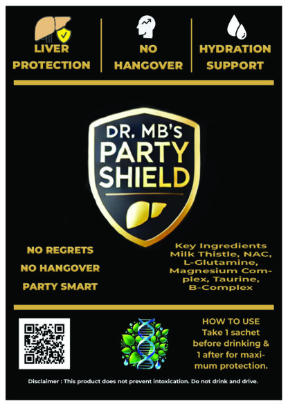 Dr. MB’s Party Shield – Premium Black & Gold Sachet for Ultimate Pre & Post-Drink Protection. No Regrets. No Hangovers.