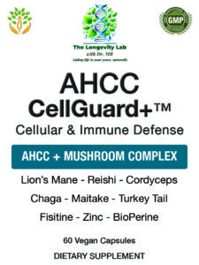 Front label of AHCC CellGuard+ supplement by Dr. MB, showing core ingredients like AHCC, mushrooms, fisetin, and BioPerine for immune and cellular defense.