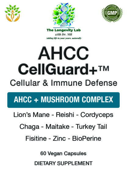 Front label of AHCC CellGuard+ supplement by Dr. MB, showing core ingredients like AHCC, mushrooms, fisetin, and BioPerine for immune and cellular defense.