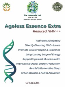 Dr. MB’s Ageless Essence Extra supplement label featuring NMNH, Resveratrol, Fisetin, and advanced age reversal benefits
