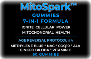 Dr MB's MitoSpark Gummies label – 7-in-1 mitochondrial support formula with Methylene Blue, NAC, CoQ10, ALA, and Ginkgo Biloba for age reversal and cellular energy.