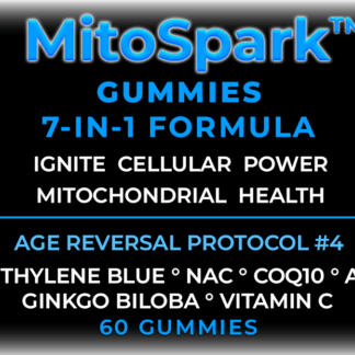 Dr MB's MitoSpark Gummies label – 7-in-1 mitochondrial support formula with Methylene Blue, NAC, CoQ10, ALA, and Ginkgo Biloba for age reversal and cellular energy.