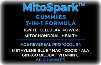 Dr MB's MitoSpark Gummies label – 7-in-1 mitochondrial support formula with Methylene Blue, NAC, CoQ10, ALA, and Ginkgo Biloba for age reversal and cellular energy.