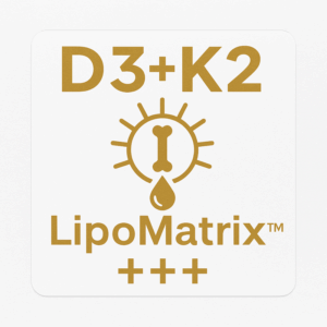 D3+K2 LipoMatrix™ supplement logo on white background featuring gold typography, a stylized bone and droplet symbol, and premium minimalist design.