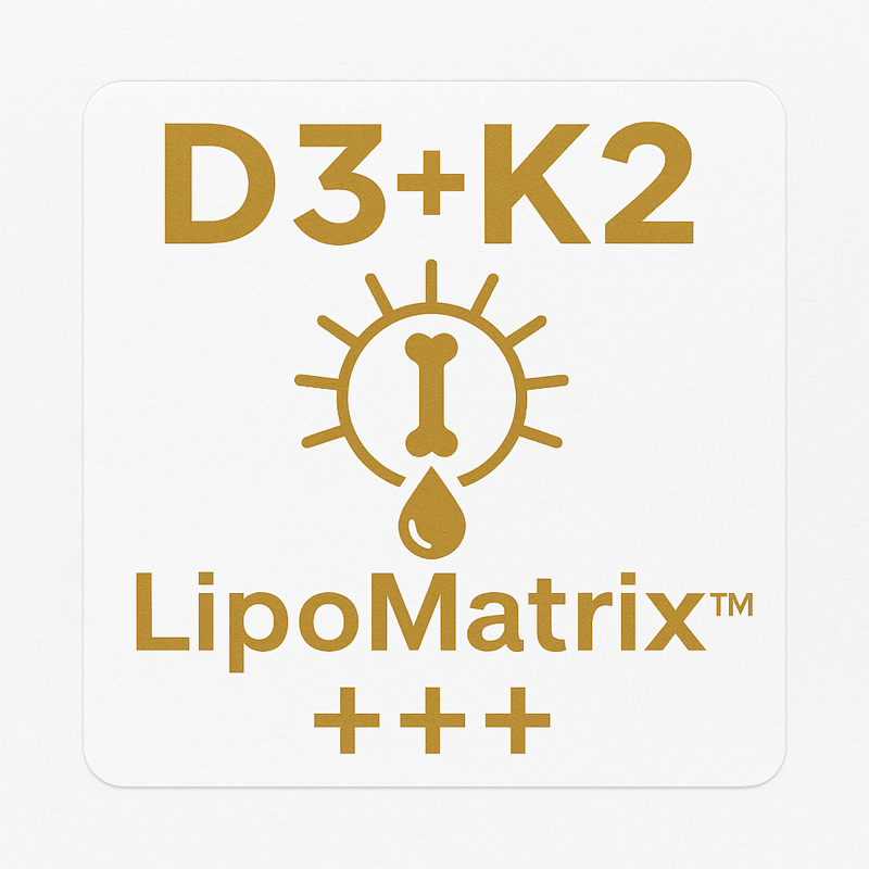 D3+K2 LipoMatrix™ supplement logo on white background featuring gold typography, a stylized bone and droplet symbol, and premium minimalist design.