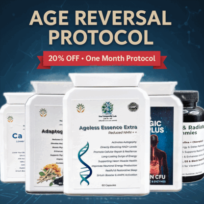 Dr. MB’s Age Reversal Protocol – One Month Supply with 20% Discount featuring Ageless Essence Extra, Ca-AKG, Adaptogenic Reboot, NeuroSpark, Synergic Ultra Plus, and D3+K2 LipoMatrix