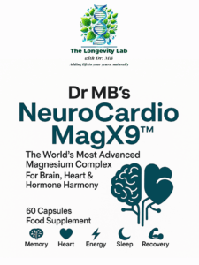 Front label of Dr MB’s NeuroCardio MagX9™ supplement bottle, showcasing a clean white design with bold teal and black text, featuring the product name, benefits for brain, heart, and hormone balance, and icons for memory, heart, energy, sleep, and recovery.