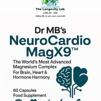 Front label of Dr MB’s NeuroCardio MagX9™ supplement bottle, showcasing a clean white design with bold teal and black text, featuring the product name, benefits for brain, heart, and hormone balance, and icons for memory, heart, energy, sleep, and recovery.